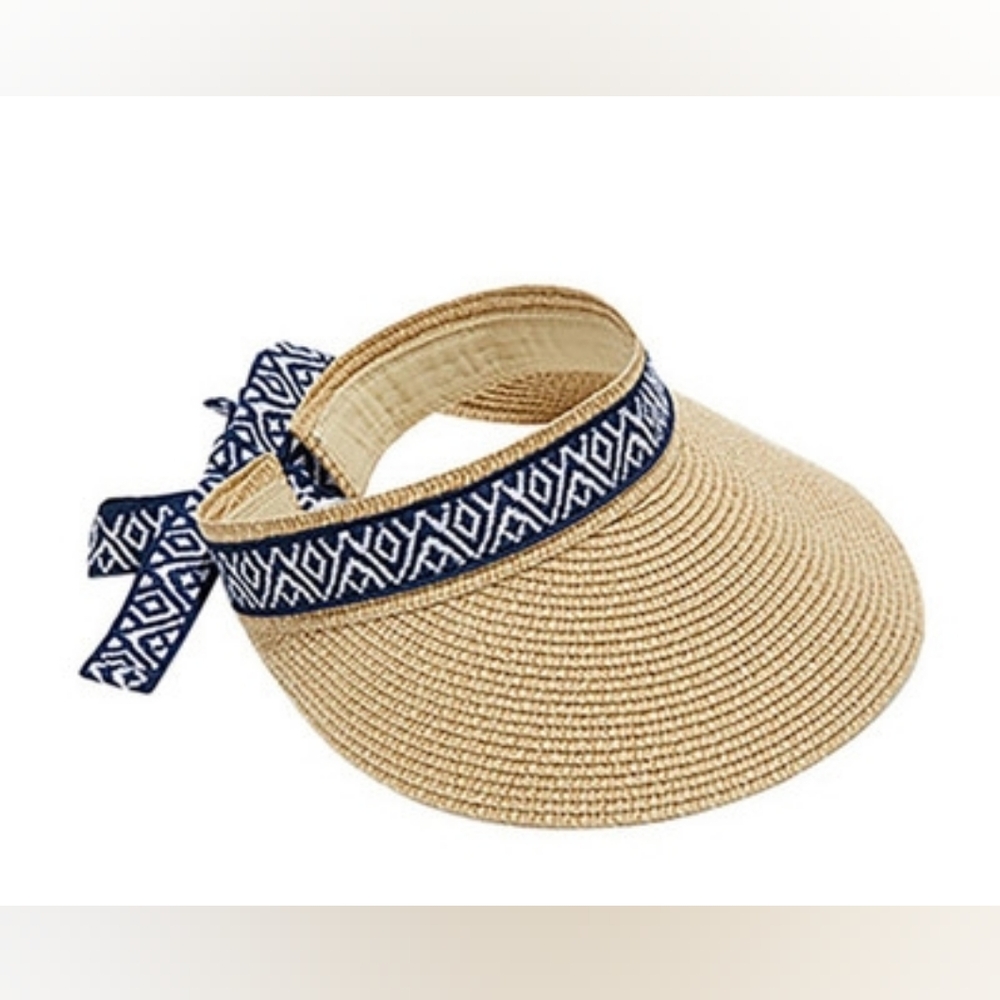 Sea & Grass Straw Visor With Ribbon Tie Navy Blue Nautical Beachy Hat